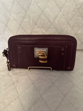 Chloe Burgundy Pebbled Leather Zip Wallet with Gold-Tone Padlock
